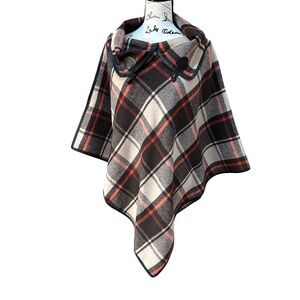 Plaid Poncho with Button Details Brown Beige Orange